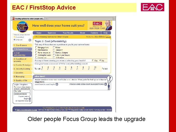 EAC / First. Stop Advice Older people Focus Group leads the upgrade 