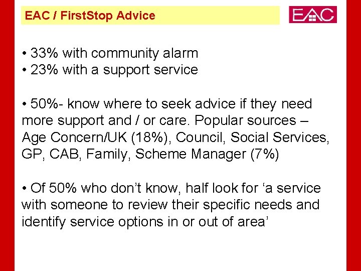 EAC / First. Stop Advice • 33% with community alarm • 23% with a