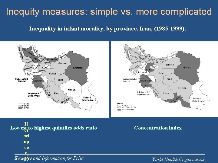Inequity measures: simple vs. more complicated Inequality in infant morality, by province. Iran, (1985