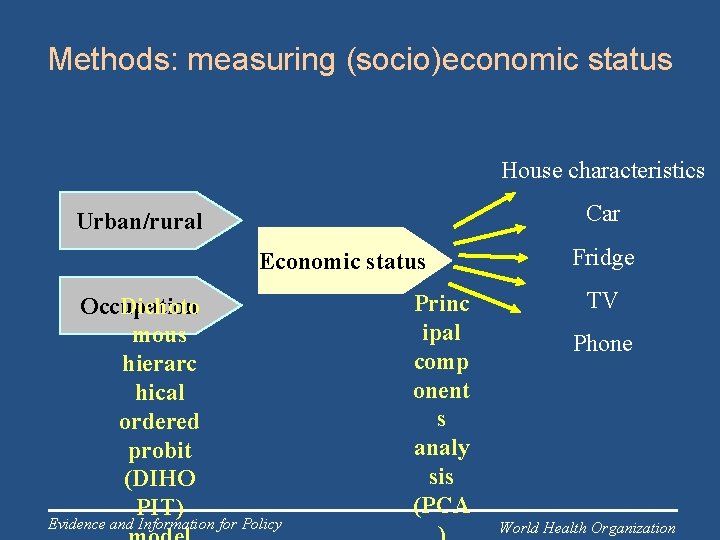 Methods: measuring (socio)economic status House characteristics Car Urban/rural Economic status Dichoto Occupation mous hierarc