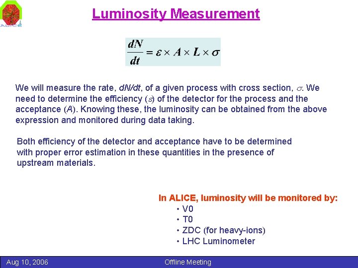 Luminosity Measurement We will measure the rate, d. N/dt, of a given process with