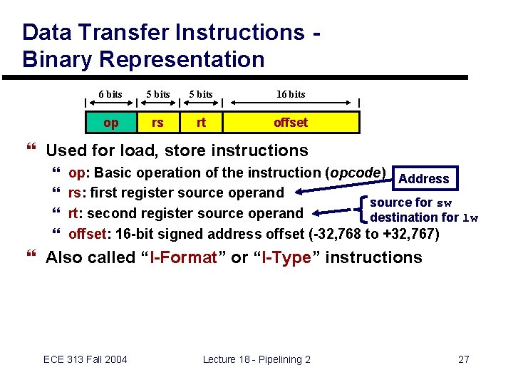 Data Transfer Instructions Binary Representation 6 bits 5 bits 16 bits op rs rt