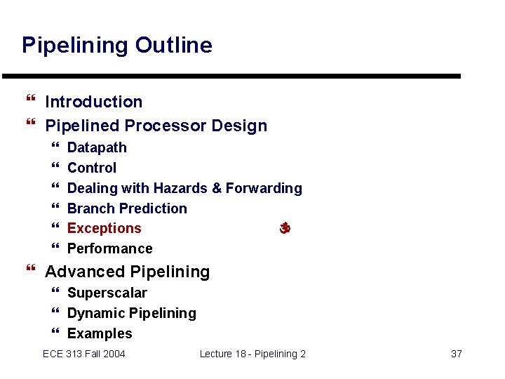 Pipelining Outline } Introduction } Pipelined Processor Design } } } Datapath Control Dealing