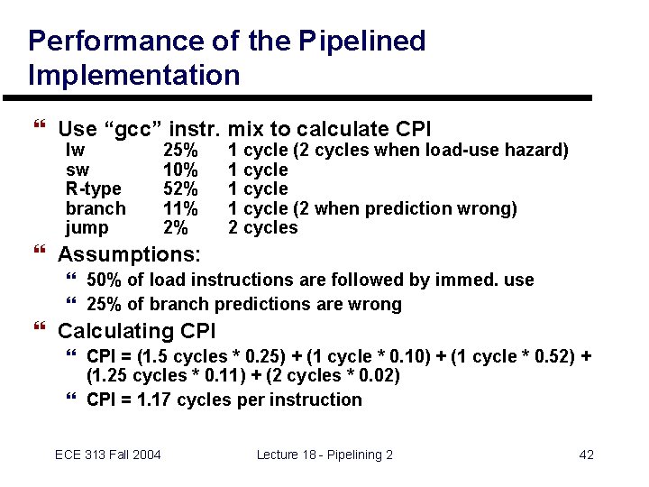 Performance of the Pipelined Implementation } Use “gcc” instr. mix to calculate CPI lw