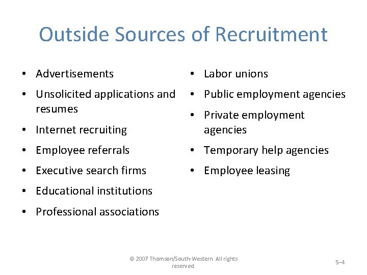 Outside Sources of Recruitment • Advertisements • Labor unions • Unsolicited applications and resumes
