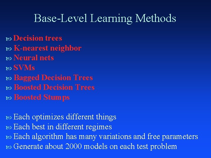 Base-Level Learning Methods Decision trees K-nearest neighbor Neural nets SVMs Bagged Decision Trees Boosted