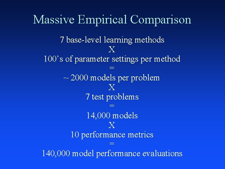 Massive Empirical Comparison 7 base-level learning methods X 100’s of parameter settings per method