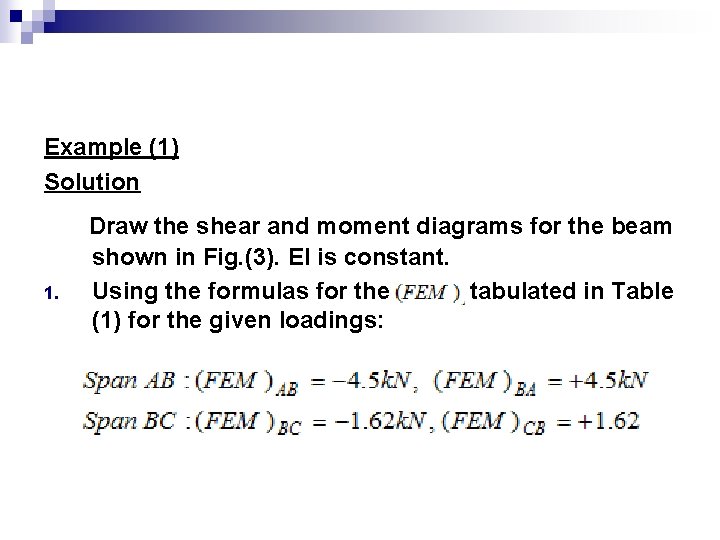 Example (1) Solution 1. Draw the shear and moment diagrams for the beam shown