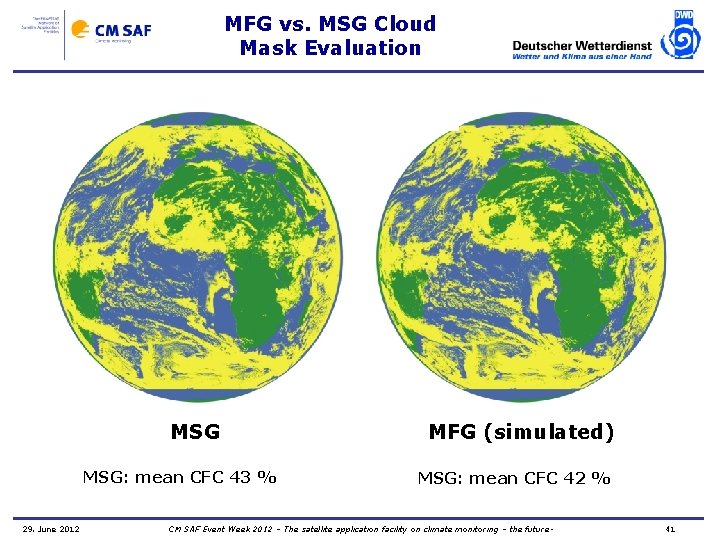 MFG vs. MSG Cloud Mask Evaluation MSG: mean CFC 43 % 29. June 2012