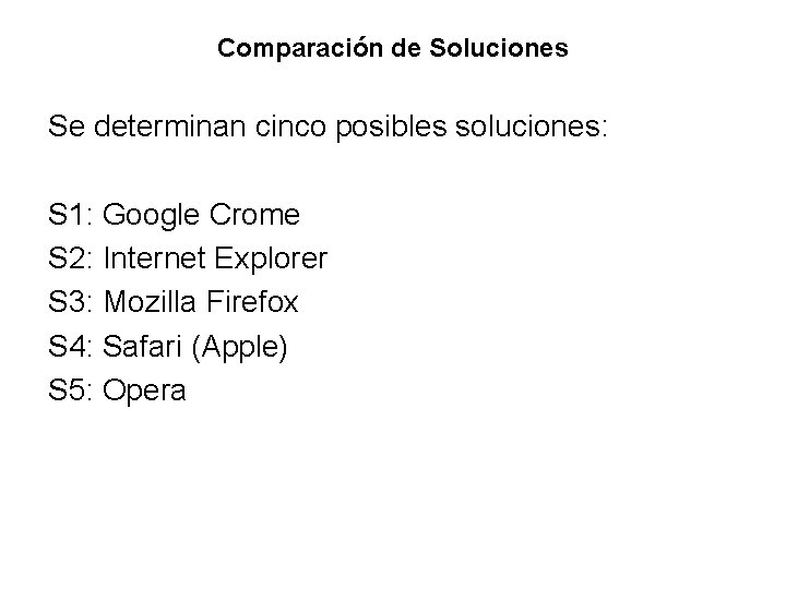 Comparación de Soluciones Se determinan cinco posibles soluciones: S 1: Google Crome S 2: