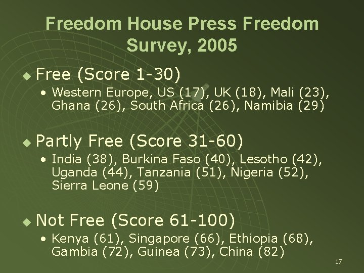 Freedom House Press Freedom Survey, 2005 u Free (Score 1 -30) • Western Europe,