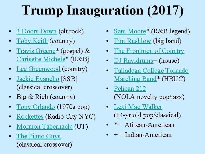 Trump Inauguration (2017) • 3 Doors Down (alt rock) • Toby Keith (country) • Trump Inauguration (2017) • 3 Doors Down (alt rock) • Toby Keith (country) •