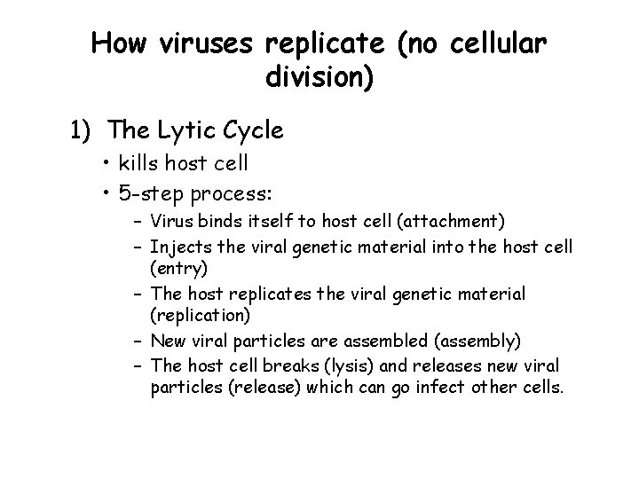 How viruses replicate (no cellular division) 1) The Lytic Cycle • kills host cell