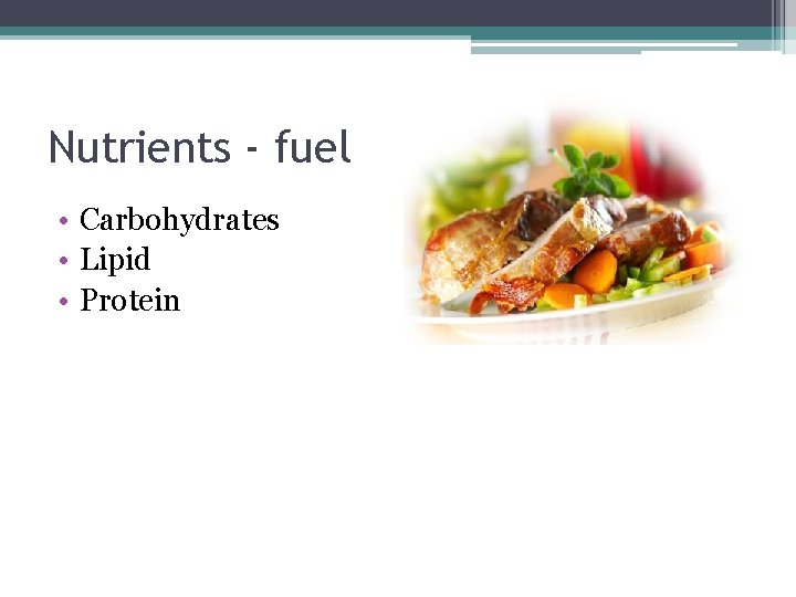 Nutrients - fuel • Carbohydrates • Lipid • Protein 