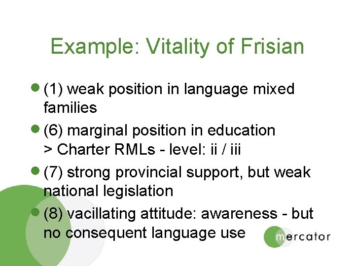 Example: Vitality of Frisian · (1) weak position in language mixed families · (6)
