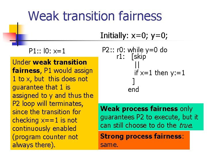 Weak transition fairness Initially: x=0; y=0; P 1: : l 0: x=1 Under weak