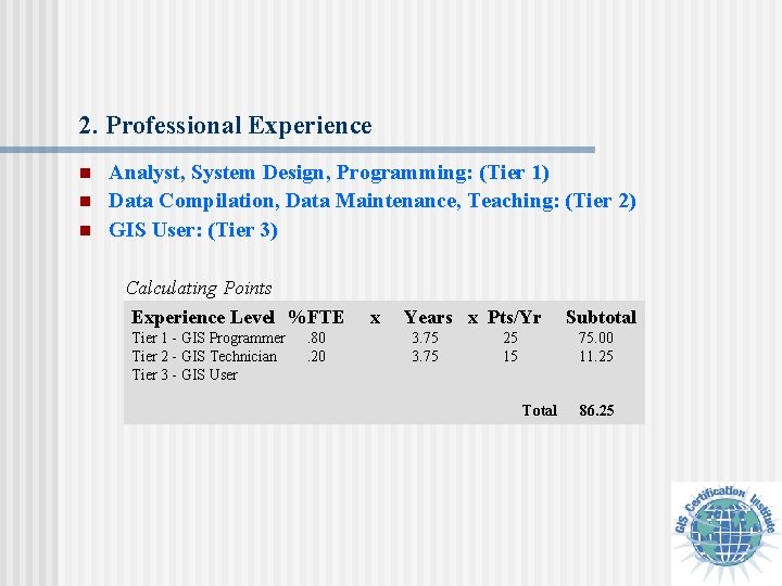 2. Professional Experience n n n Analyst, System Design, Programming: (Tier 1) Data Compilation,