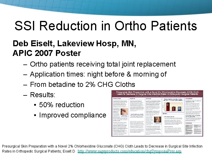 SSI Reduction in Ortho Patients Deb Eiselt, Lakeview Hosp, MN, APIC 2007 Poster –