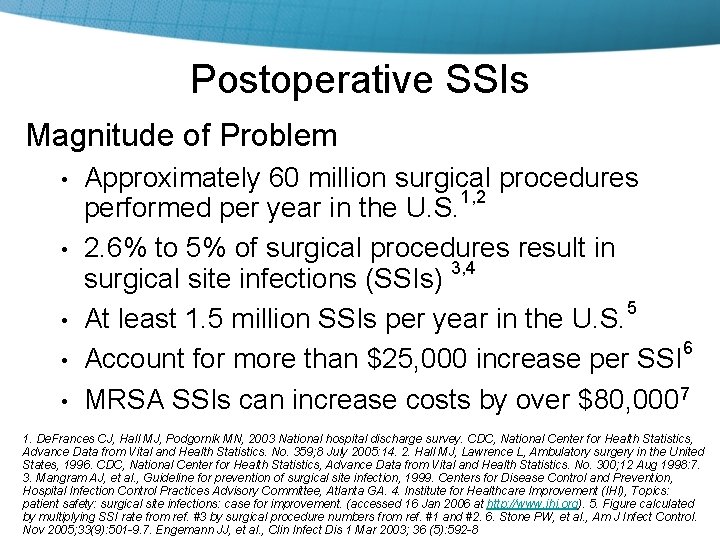 Postoperative SSIs Magnitude of Problem • • • Approximately 60 million surgical procedures 1,