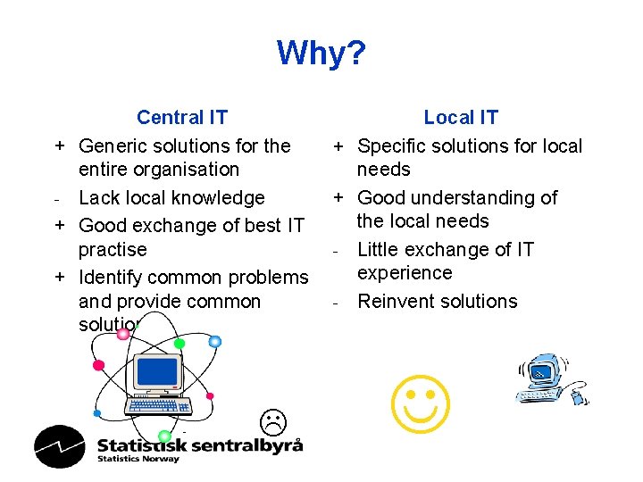 Why? Central IT + Generic solutions for the entire organisation - Lack local knowledge