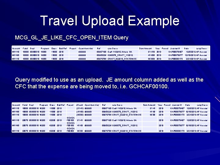 Travel Upload Example MCG_GL_JE_LIKE_CFC_OPEN_ITEM Query Account Fund Open Item Key Ref 641110 10000 30300010
