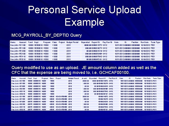 Personal Service Upload Example MCG_PAYROLL_BY_DEPTID Query Name Account Fund Dept Program Class Project Budget