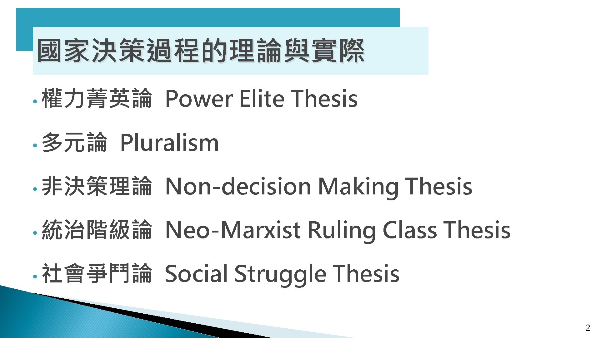 國家決策過程的理論與實際 • 權力菁英論 • 多元論 Power Elite Thesis Pluralism • 非決策理論 Non-decision Making Thesis