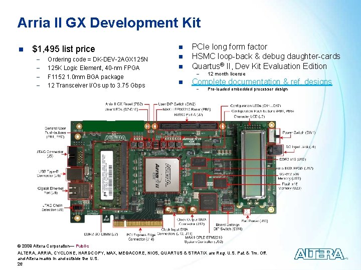 Arria II GX Development Kit n $1, 495 list price - Ordering code =
