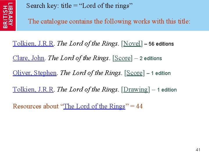 Search key: title = “Lord of the rings” The catalogue contains the following works