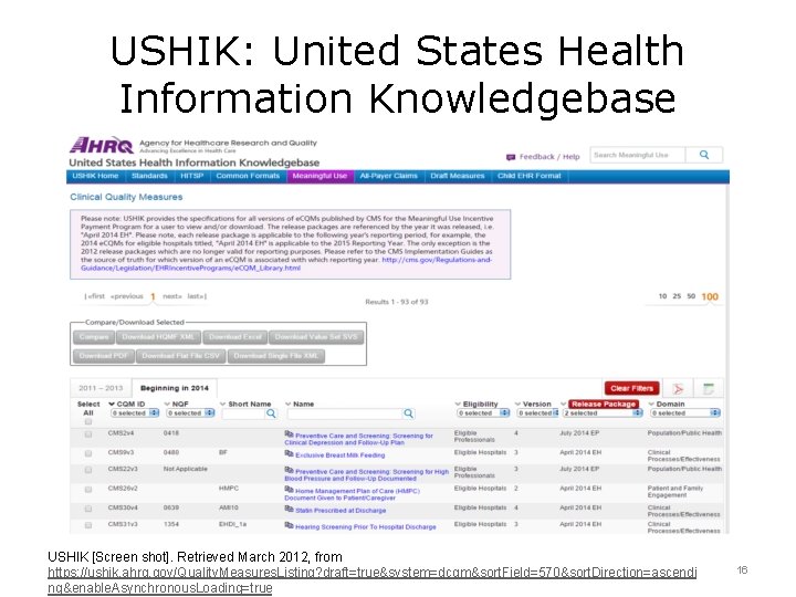 USHIK: United States Health Information Knowledgebase USHIK [Screen shot]. Retrieved March 2012, from https: