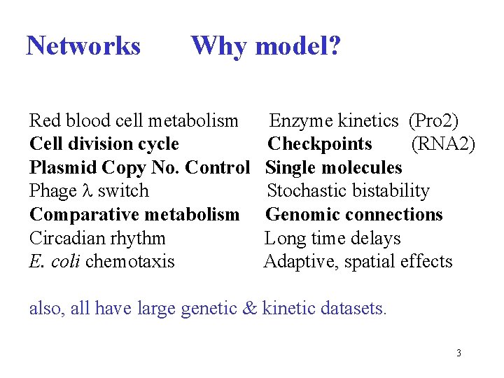 Networks Why model? Red blood cell metabolism Enzyme kinetics (Pro 2) Cell division cycle