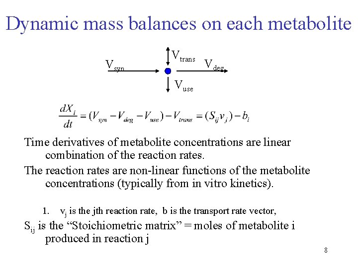 Dynamic mass balances on each metabolite Vsyn Vtrans Vdeg Vuse Time derivatives of metabolite