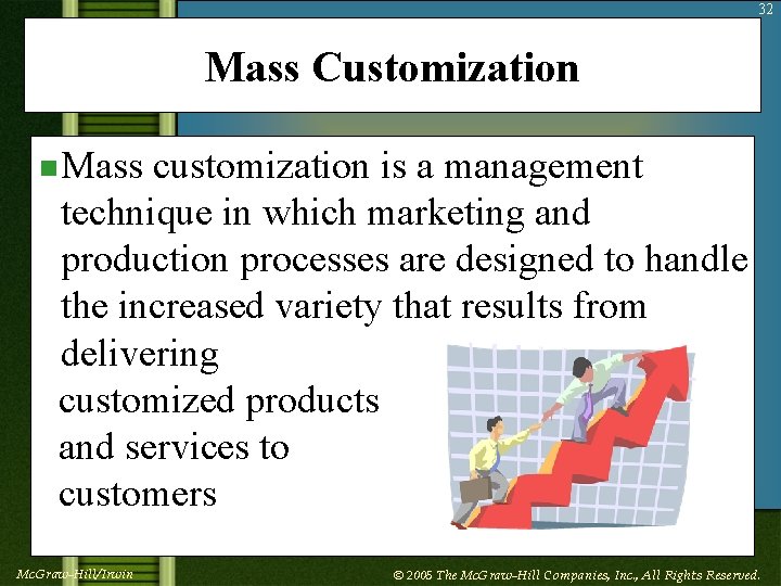 32 Mass Customization n Mass customization is a management technique in which marketing and