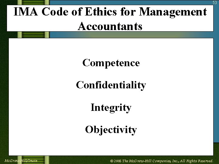 IMA Code of Ethics for Management Accountants 53 Competence Confidentiality Integrity Objectivity Mc. Graw-Hill/Irwin
