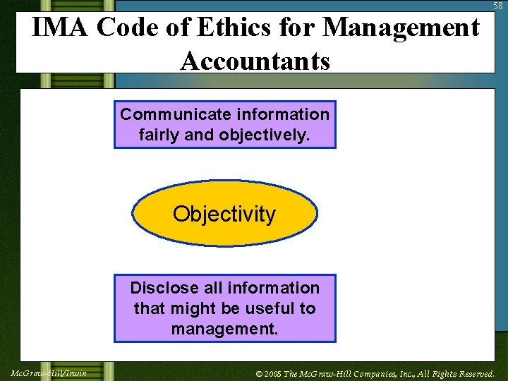 IMA Code of Ethics for Management Accountants 58 Communicate information fairly and objectively. Objectivity
