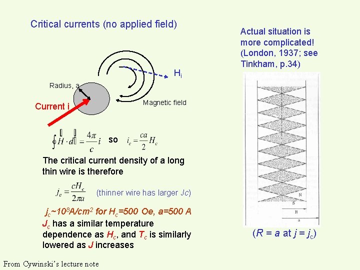 Critical currents (no applied field) Hi Actual situation is more complicated! (London, 1937; see