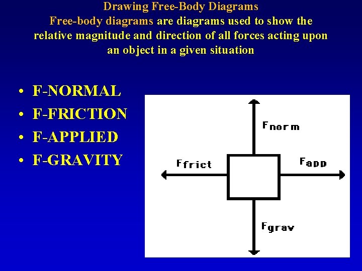 Drawing Free-Body Diagrams Free-body diagrams are diagrams used to show the relative magnitude and