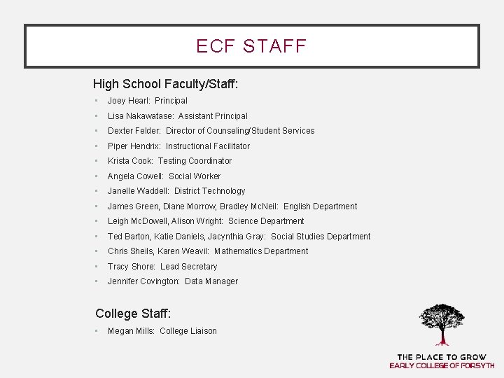 ECF STAFF High School Faculty/Staff: • Joey Hearl: Principal • Lisa Nakawatase: Assistant Principal