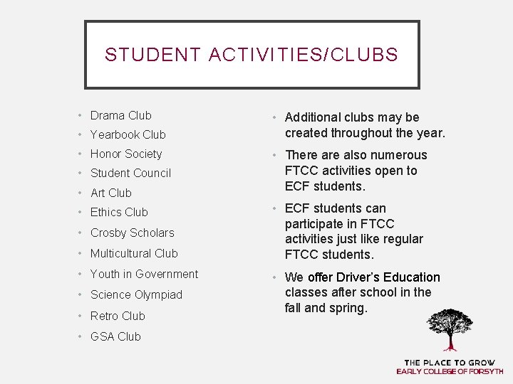 STUDENT ACTIVITIES/CLUBS • Drama Club • Yearbook Club • Honor Society • Student Council