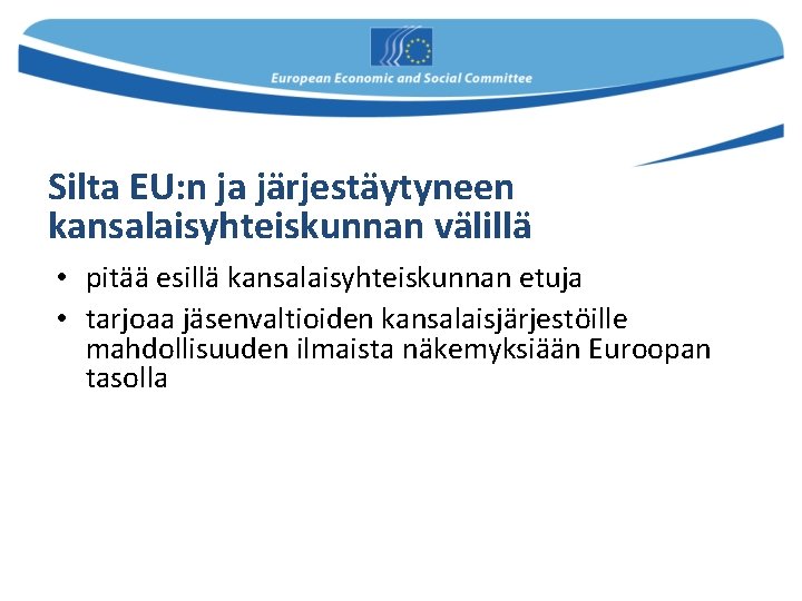 Silta EU: n ja järjestäytyneen kansalaisyhteiskunnan välillä • pitää esillä kansalaisyhteiskunnan etuja • tarjoaa