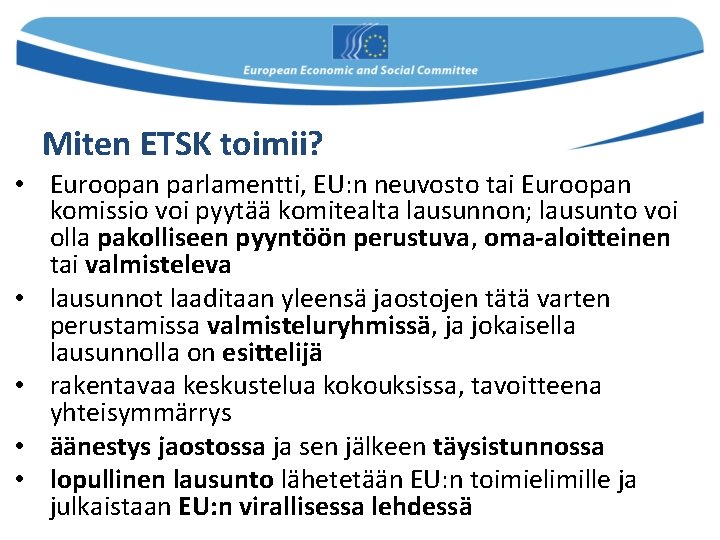 Miten ETSK toimii? • Euroopan parlamentti, EU: n neuvosto tai Euroopan komissio voi pyytää