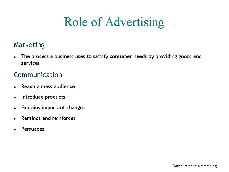 Role of Advertising Marketing The process a business uses to satisfy consumer needs by