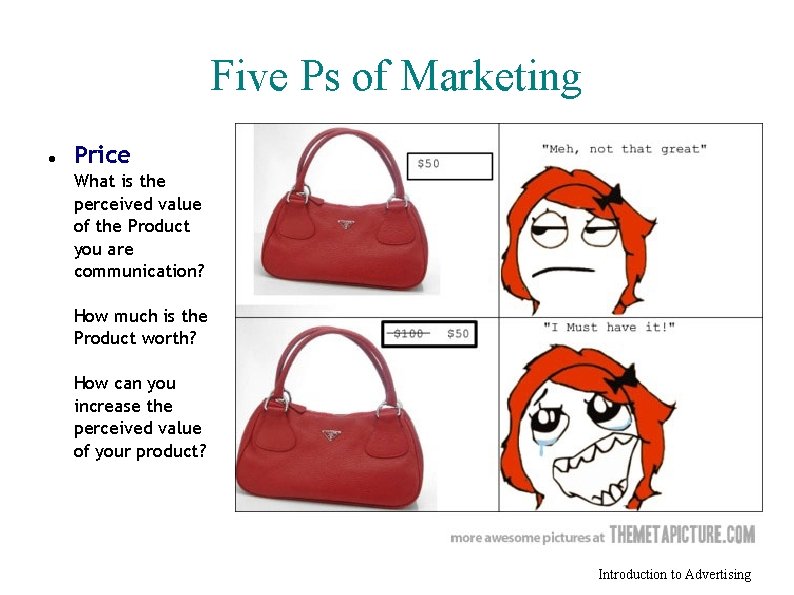 Five Ps of Marketing Price What is the perceived value of the Product you