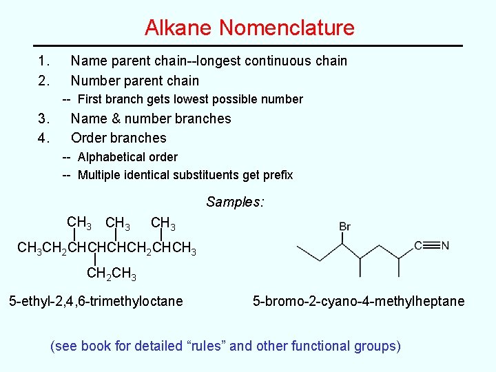 Alkane Nomenclature 1. 2. Name parent chain--longest continuous chain Number parent chain -- First