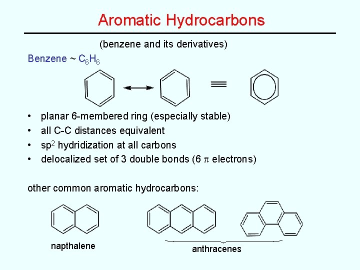 Aromatic Hydrocarbons (benzene and its derivatives) Benzene ~ C 6 H 6 • •