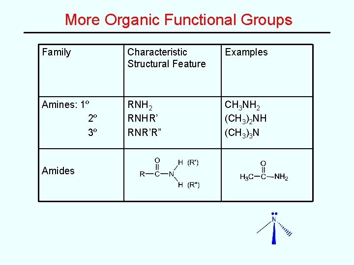 More Organic Functional Groups Family Characteristic Structural Feature Examples Amines: 1º 2º 3º RNH