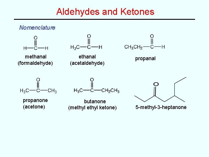 Aldehydes and Ketones Nomenclature methanal (formaldehyde) propanone (acetone) ethanal (acetaldehyde) butanone (methyl ketone) propanal Aldehydes and Ketones Nomenclature methanal (formaldehyde) propanone (acetone) ethanal (acetaldehyde) butanone (methyl ketone) propanal