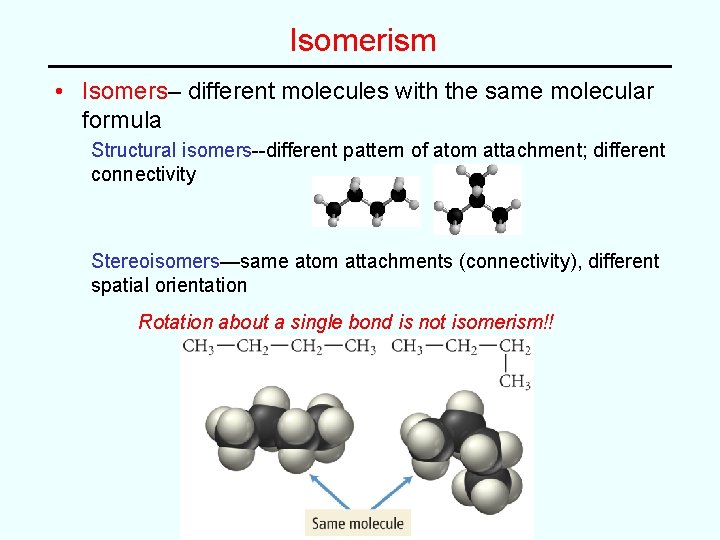 Isomerism • Isomers– different molecules with the same molecular formula Structural isomers--different pattern of