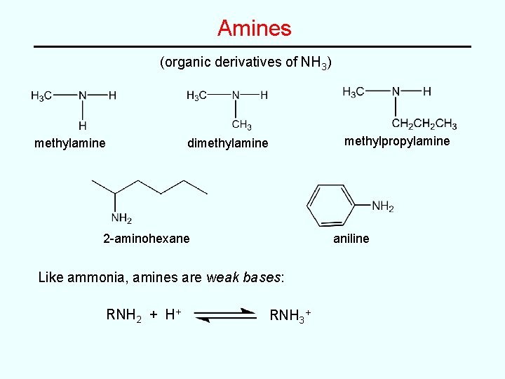 Amines (organic derivatives of NH 3) methylamine methylpropylamine dimethylamine 2 -aminohexane aniline Like ammonia, Amines (organic derivatives of NH 3) methylamine methylpropylamine dimethylamine 2 -aminohexane aniline Like ammonia,