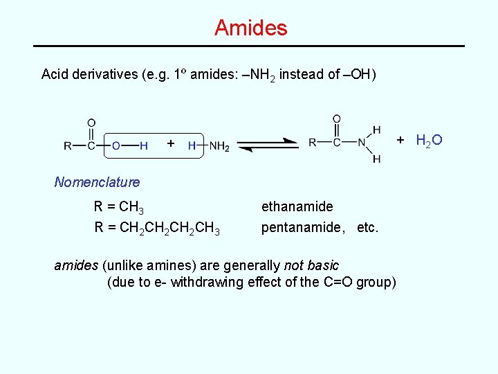 Amides Acid derivatives (e. g. 1º amides: –NH 2 instead of –OH) + + Amides Acid derivatives (e. g. 1º amides: –NH 2 instead of –OH) + +